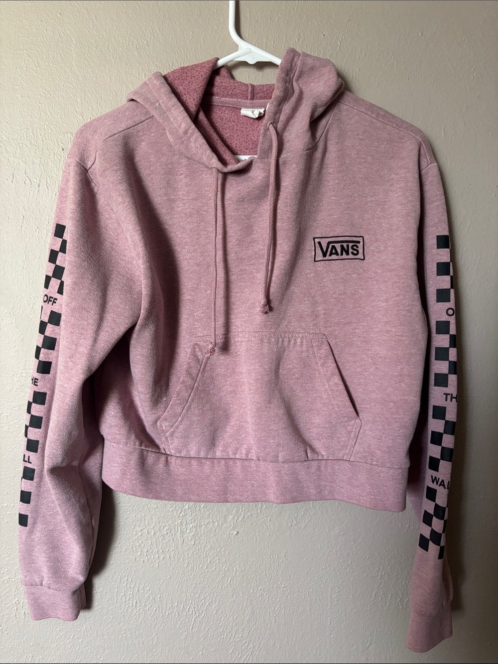 Vans Cropped Dusty Pink Hoodie with Black Checker Sleeves